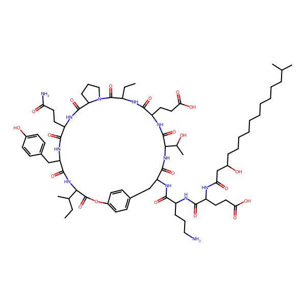 2D Structure of 5-[[5-Amino-1-[[10-(3-amino-3-oxopropyl)-4-butan-2-yl-22-(2-carboxyethyl)-19-ethyl-25-(1-hydroxyethyl)-7-[(4-hydroxyphenyl)methyl]-3,6,9,12,18,21,24,27-octaoxo-2-oxa-5,8,11,17,20,23,26-heptazatricyclo[28.2.2.013,17]tetratriaconta-1(33),30(34),31-trien-28-yl]amino]-1-oxopentan-2-yl]amino]-4-[(3-hydroxy-14-methylpentadecanoyl)amino]-5-oxopentanoic acid