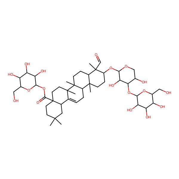 2D Structure of [3,4,5-Trihydroxy-6-(hydroxymethyl)oxan-2-yl] 10-[3,5-dihydroxy-4-[3,4,5-trihydroxy-6-(hydroxymethyl)oxan-2-yl]oxyoxan-2-yl]oxy-9-formyl-2,2,6a,6b,9,12a-hexamethyl-1,3,4,5,6,6a,7,8,8a,10,11,12,13,14b-tetradecahydropicene-4a-carboxylate