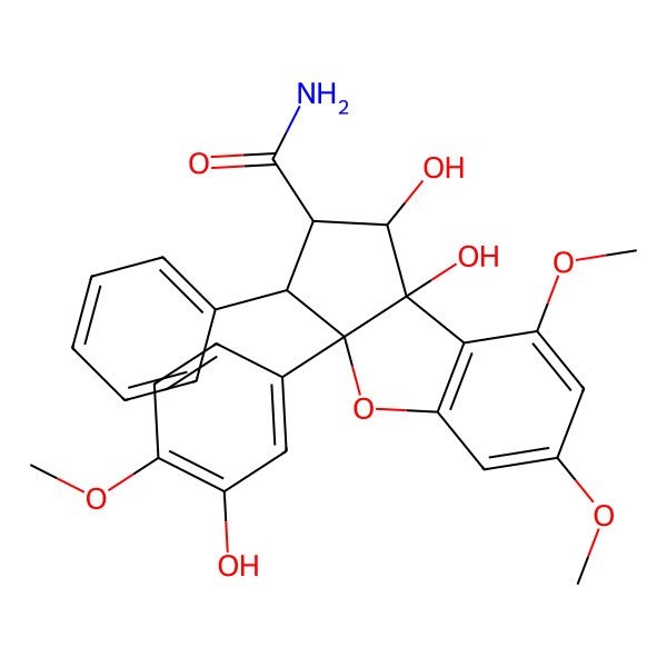 2D Structure of (1R,2R,3S,3aR,8bS)-1,8b-dihydroxy-3a-(3-hydroxy-4-methoxyphenyl)-6,8-dimethoxy-3-phenyl-2,3-dihydro-1H-cyclopenta[b][1]benzofuran-2-carboxamide