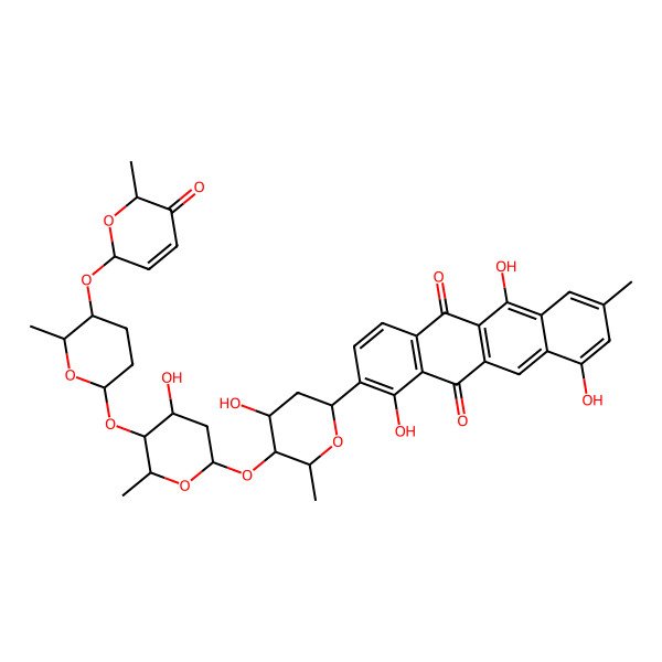 2D Structure of 1,6,10-trihydroxy-2-[4-hydroxy-5-[4-hydroxy-6-methyl-5-[6-methyl-5-[(6-methyl-5-oxo-2H-pyran-2-yl)oxy]oxan-2-yl]oxyoxan-2-yl]oxy-6-methyloxan-2-yl]-8-methyltetracene-5,12-dione