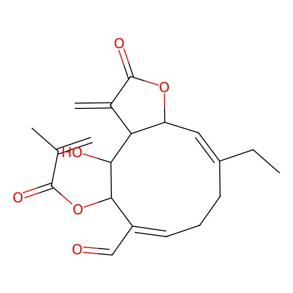 2D Structure of (10-Ethyl-6-formyl-4-hydroxy-3-methylidene-2-oxo-3a,4,5,8,9,11a-hexahydrocyclodeca[b]furan-5-yl) 2-methylprop-2-enoate
