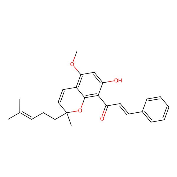2D Structure of (E)-1-[(2R)-7-hydroxy-5-methoxy-2-methyl-2-(4-methylpent-3-enyl)chromen-8-yl]-3-phenylprop-2-en-1-one