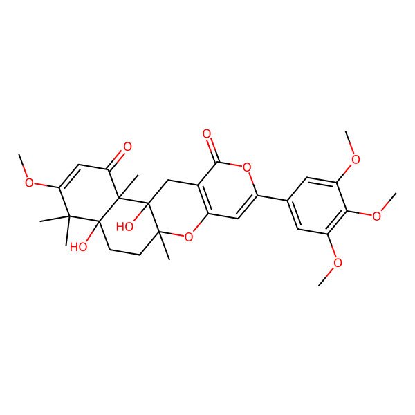 2D Structure of 1,7-Dihydroxy-5-methoxy-2,6,6,10-tetramethyl-14-(3,4,5-trimethoxyphenyl)-11,15-dioxatetracyclo[8.8.0.02,7.012,17]octadeca-4,12(17),13-triene-3,16-dione