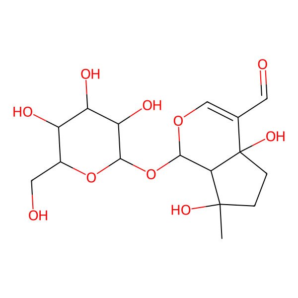 2D Structure of (1S,4aR,7S,7aR)-4a,7-dihydroxy-7-methyl-1-[(3S,4S,5S,6R)-3,4,5-trihydroxy-6-(hydroxymethyl)oxan-2-yl]oxy-1,5,6,7a-tetrahydrocyclopenta[c]pyran-4-carbaldehyde