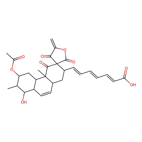 2D Structure of (2E,4E,6E)-7-[(2S,3R,4aR,4bS,6R,7R,8S,8aS,10aR)-6-acetyloxy-8-hydroxy-4a,7-dimethyl-5'-methylidene-2',4,4'-trioxospiro[2,4b,5,6,7,8,8a,10a-octahydro-1H-phenanthrene-3,3'-oxolane]-2-yl]hepta-2,4,6-trienoic acid