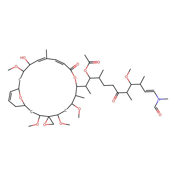 2D Structure of [(E,2S,3S,4S,8S,9R,10S)-12-[formyl(methyl)amino]-2-[(1S,3S,4R,5S,7R,8S,9S,12E,14E,16S,17R,19R)-16-hydroxy-3,5,7,17-tetramethoxy-8,14-dimethyl-11-oxospiro[10,23-dioxabicyclo[17.3.1]tricosa-12,14,20-triene-4,2'-oxirane]-9-yl]-9-methoxy-4,8,10-trimethyl-7-oxododec-11-en-3-yl] acetate