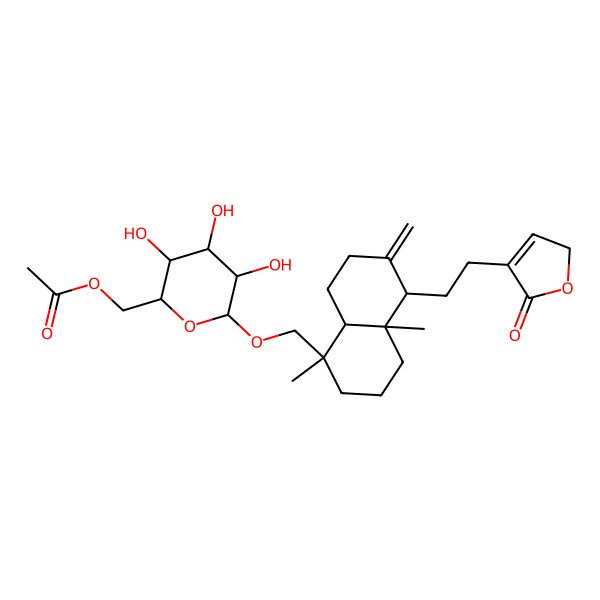 2D Structure of [(2R,3S,4S,5R,6S)-6-[[(1R,4aS,5R,8aS)-1,4a-dimethyl-6-methylidene-5-[2-(5-oxo-2H-furan-4-yl)ethyl]-3,4,5,7,8,8a-hexahydro-2H-naphthalen-1-yl]methoxy]-3,4,5-trihydroxyoxan-2-yl]methyl acetate