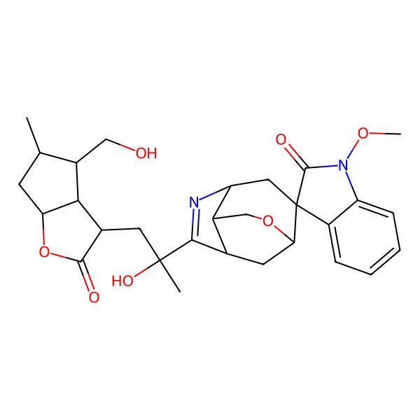 2D Structure of 6-[2-Hydroxy-1-[4-(hydroxymethyl)-5-methyl-2-oxo-3,3a,4,5,6,6a-hexahydrocyclopenta[b]furan-3-yl]propan-2-yl]-1'-methoxyspiro[10-oxa-5-azatricyclo[5.3.1.04,8]undec-5-ene-2,3'-indole]-2'-one