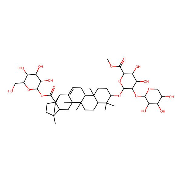 2D Structure of methyl (2S,3S,4S,5R,6R)-6-[[(1R,2S,4S,5S,8R,10S,14R,15R,18S,20R)-1,2,8,15,19,19-hexamethyl-5-[(2S,3R,4S,5S,6R)-3,4,5-trihydroxy-6-(hydroxymethyl)oxan-2-yl]oxycarbonyl-18-hexacyclo[12.8.0.02,11.04,8.05,10.015,20]docos-11-enyl]oxy]-3,4-dihydroxy-5-[(2S,3R,4S,5R)-3,4,5-trihydroxyoxan-2-yl]oxyoxane-2-carboxylate