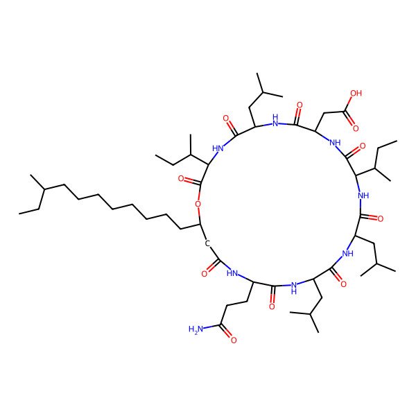 2D Structure of 2-[(3S,6S,9S,12S,15R,18S,21S,25R)-21-(3-amino-3-oxopropyl)-3,12-bis[(2S)-butan-2-yl]-6,15,18-tris(2-methylpropyl)-25-[(9S)-9-methylundecyl]-2,5,8,11,14,17,20,23-octaoxo-1-oxa-4,7,10,13,16,19,22-heptazacyclopentacos-9-yl]acetic acid