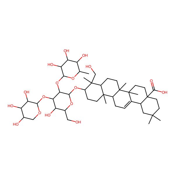 2D Structure of 10-[5-Hydroxy-6-(hydroxymethyl)-3-(3,4,5-trihydroxy-6-methyloxan-2-yl)oxy-4-(3,4,5-trihydroxyoxan-2-yl)oxyoxan-2-yl]oxy-9-(hydroxymethyl)-2,2,6a,6b,9,12a-hexamethyl-1,3,4,5,6,6a,7,8,8a,10,11,12,13,14b-tetradecahydropicene-4a-carboxylic acid