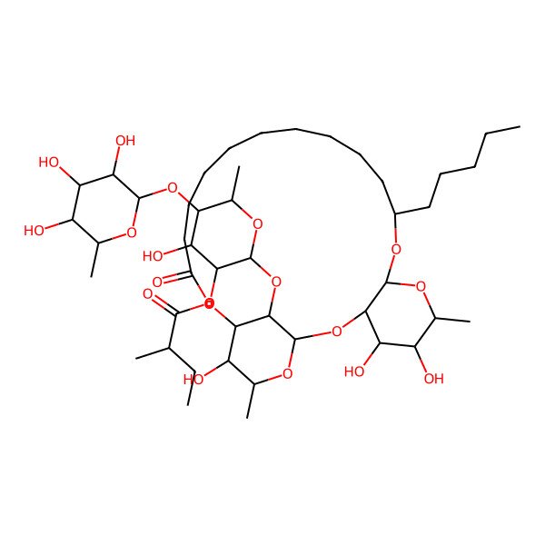 2D Structure of [(2S,3R,4R,5R,6S)-4-hydroxy-6-methyl-2-[[(1S,3R,4S,5S,6R,8R,10R,22S,23R,24R,26R)-4,5,23-trihydroxy-6,24-dimethyl-20-oxo-10-pentyl-2,7,9,21,25-pentaoxatricyclo[20.3.1.03,8]hexacosan-26-yl]oxy]-5-[(2S,3R,4S,5R,6R)-3,4,5-trihydroxy-6-methyloxan-2-yl]oxyoxan-3-yl] (2S)-2-methylbutanoate