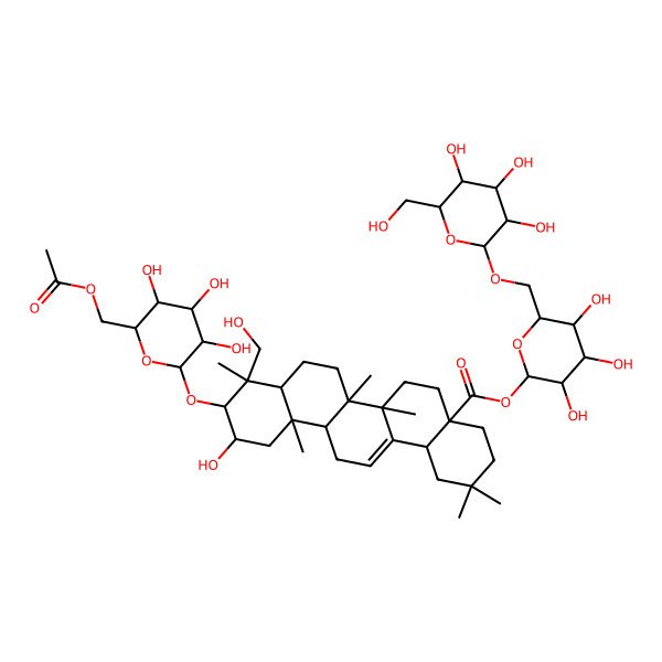 2D Structure of [(2R,3S,4R,5R,6S)-3,4,5-trihydroxy-6-[[(2S,3S,4R,5R,6S)-3,4,5-trihydroxy-6-(hydroxymethyl)oxan-2-yl]oxymethyl]oxan-2-yl] (4aS,6aR,6aS,6bR,8aR,9R,10R,11S,12aR,14bS)-10-[(2R,3R,4S,5S,6R)-6-(acetyloxymethyl)-3,4,5-trihydroxyoxan-2-yl]oxy-11-hydroxy-9-(hydroxymethyl)-2,2,6a,6b,9,12a-hexamethyl-1,3,4,5,6,6a,7,8,8a,10,11,12,13,14b-tetradecahydropicene-4a-carboxylate
