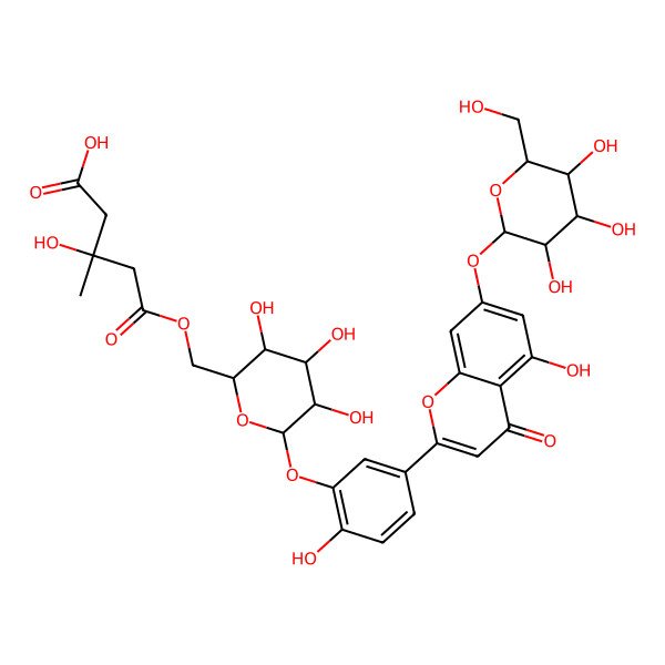 2D Structure of 3-Hydroxy-3-methyl-5-oxo-5-[[3,4,5-trihydroxy-6-[2-hydroxy-5-[5-hydroxy-4-oxo-7-[3,4,5-trihydroxy-6-(hydroxymethyl)oxan-2-yl]oxychromen-2-yl]phenoxy]oxan-2-yl]methoxy]pentanoic acid