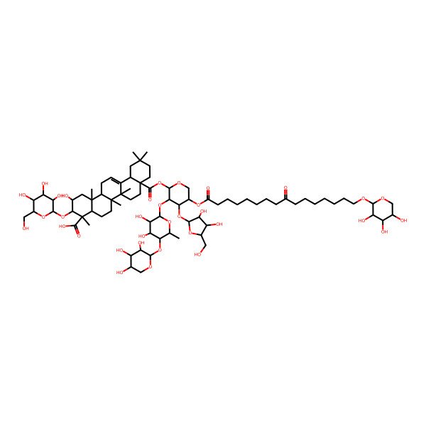 2D Structure of (2S,3R,4S,4aR,6aR,6bS,8aS,12aS,14aR,14bR)-8a-[(2S,3R,4S,5S)-4-[(2S,3R,4R,5S)-3,4-dihydroxy-5-(hydroxymethyl)oxolan-2-yl]oxy-3-[(2S,3R,4S,5R,6S)-3,4-dihydroxy-6-methyl-5-[(2R,3R,4S,5R)-3,4,5-trihydroxyoxan-2-yl]oxyoxan-2-yl]oxy-5-[9-oxo-16-[(2R,3R,4S,5R)-3,4,5-trihydroxyoxan-2-yl]oxyhexadecanoyl]oxyoxan-2-yl]oxycarbonyl-2-hydroxy-4,6a,6b,11,11,14b-hexamethyl-3-[(2R,3R,4S,5S,6R)-3,4,5-trihydroxy-6-(hydroxymethyl)oxan-2-yl]oxy-1,2,3,4a,5,6,7,8,9,10,12,12a,14,14a-tetradecahydropicene-4-carboxylic acid