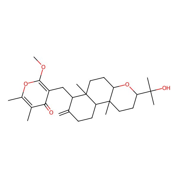 2D Structure of 3-[[3-(2-Hydroxypropan-2-yl)-6a,10b-dimethyl-8-methylidene-1,2,3,4a,5,6,7,9,10,10a-decahydrobenzo[f]chromen-7-yl]methyl]-2-methoxy-5,6-dimethylpyran-4-one