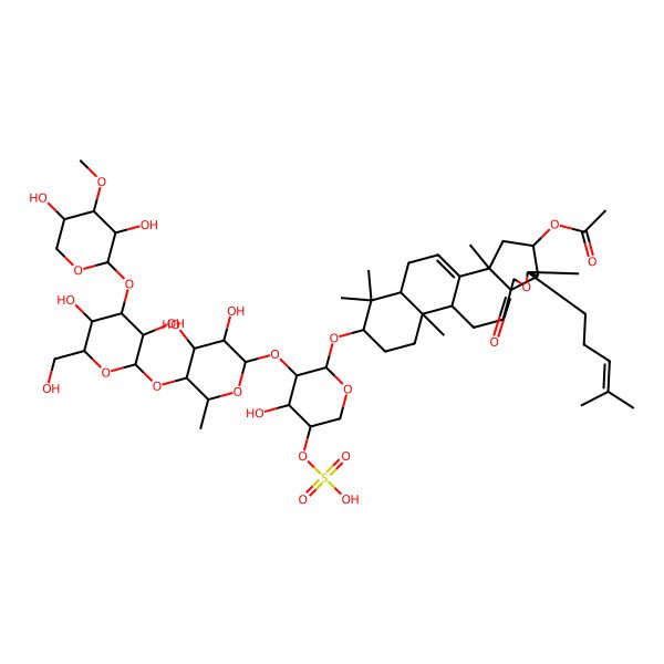 2D Structure of [(2S,4S,5S,6S,9R,12R,13R,16S,18R)-16-[(2S,3R,4R,5R)-3-[(2S,3R,4R,5S,6R)-5-[(2S,3R,4S,5R,6R)-4-[(2S,3R,4S,5R)-3,5-dihydroxy-4-methoxyoxan-2-yl]oxy-3,5-dihydroxy-6-(hydroxymethyl)oxan-2-yl]oxy-3,4-dihydroxy-6-methyloxan-2-yl]oxy-4-hydroxy-5-sulfooxyoxan-2-yl]oxy-2,6,13,17,17-pentamethyl-6-(4-methylpent-3-enyl)-8-oxo-7-oxapentacyclo[10.8.0.02,9.05,9.013,18]icos-1(20)-en-4-yl] acetate