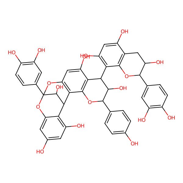 2D Structure of 13-(3,4-dihydroxyphenyl)-7-[2-(3,4-dihydroxyphenyl)-3,5,7-trihydroxy-3,4-dihydro-2H-chromen-8-yl]-5-(4-hydroxyphenyl)-4,12,14-trioxapentacyclo[11.7.1.02,11.03,8.015,20]henicosa-2(11),3(8),9,15,17,19-hexaene-6,9,17,19,21-pentol