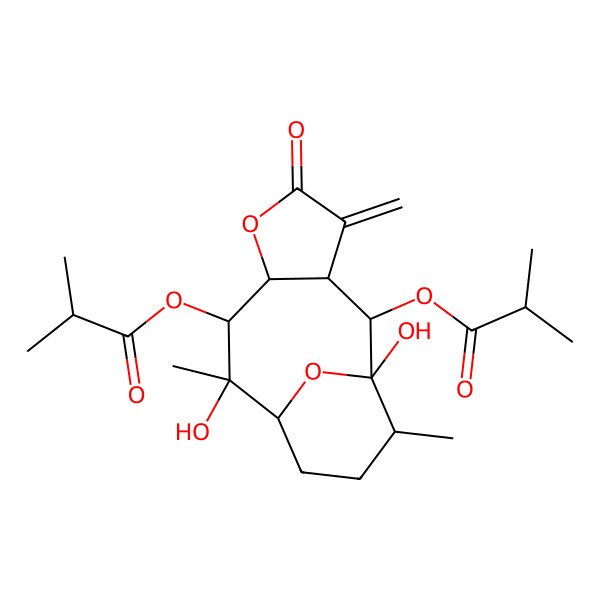 2D Structure of [1,9-Dihydroxy-9,13-dimethyl-4-methylidene-8-(2-methylpropanoyloxy)-5-oxo-6,14-dioxatricyclo[8.3.1.03,7]tetradecan-2-yl] 2-methylpropanoate