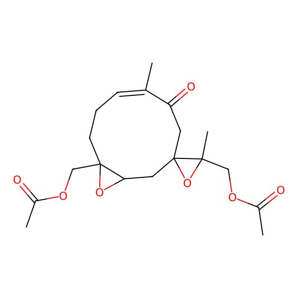 2D Structure of [(1S,2'R,4Z,8S,10S)-1-(acetyloxymethyl)-2',5-dimethyl-6-oxospiro[11-oxabicyclo[8.1.0]undec-4-ene-8,3'-oxirane]-2'-yl]methyl acetate