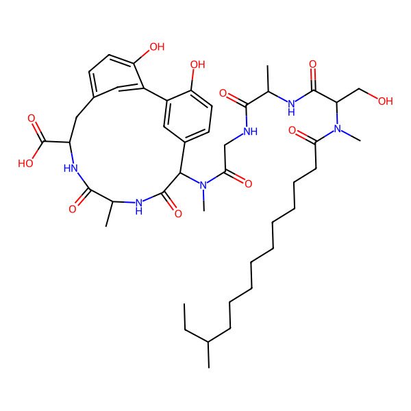 2D Structure of 3,18-Dihydroxy-14-[[2-[2-[[3-hydroxy-2-[methyl(11-methyltridecanoyl)amino]propanoyl]amino]propanoylamino]acetyl]-methylamino]-11-methyl-10,13-dioxo-9,12-diazatricyclo[13.3.1.12,6]icosa-1(18),2,4,6(20),15(19),16-hexaene-8-carboxylic acid