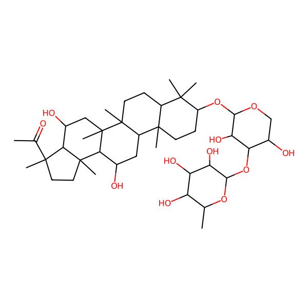 2D Structure of 1-[(3R,3aR,4S,5aR,5bR,7aR,9S,11aR,11bR,13R,13aR,13bR)-9-[(2S,3S,4S,5S)-3,5-dihydroxy-4-[(2S,3R,4R,5R,6S)-3,4,5-trihydroxy-6-methyloxan-2-yl]oxyoxan-2-yl]oxy-4,13-dihydroxy-3,5a,5b,8,8,11a,13b-heptamethyl-2,3a,4,5,6,7,7a,9,10,11,11b,12,13,13a-tetradecahydro-1H-cyclopenta[a]chrysen-3-yl]ethanone