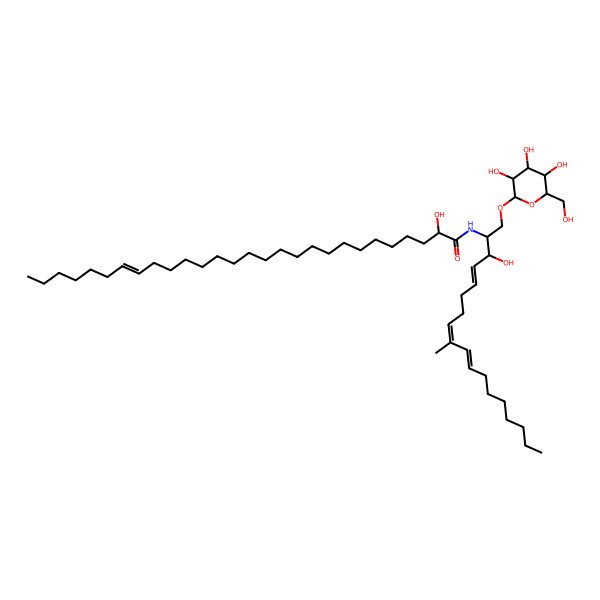 2D Structure of (2R)-2-hydroxy-N-[(2S,3R,4E,8E,10E)-3-hydroxy-9-methyl-1-[(2R,3R,4S,5S,6R)-3,4,5-trihydroxy-6-(hydroxymethyl)oxan-2-yl]oxyoctadeca-4,8,10-trien-2-yl]octacos-21-enamide