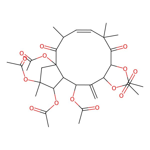 2D Structure of [(1S,2S,3aS,5S,6E,10S,11R,13S,13aR)-1,2,3a,10,11-pentaacetyloxy-2,5,8,8-tetramethyl-12-methylidene-4,9-dioxo-3,5,10,11,13,13a-hexahydro-1H-cyclopenta[12]annulen-13-yl] acetate