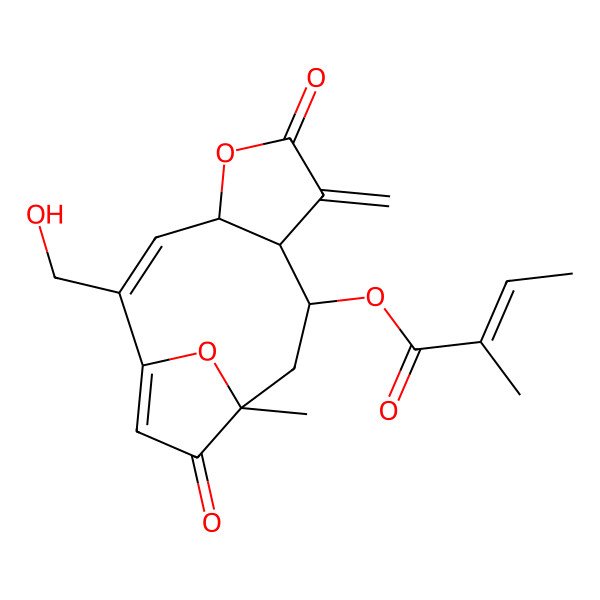 2D Structure of [(2Z,4S,8R,9R,11R)-2-(hydroxymethyl)-11-methyl-7-methylidene-6,12-dioxo-5,14-dioxatricyclo[9.2.1.04,8]tetradeca-1(13),2-dien-9-yl] (E)-2-methylbut-2-enoate