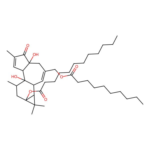 2D Structure of [8-(Decanoyloxymethyl)-1,6-dihydroxy-4,12,12,15-tetramethyl-5-oxo-13-tetracyclo[8.5.0.02,6.011,13]pentadeca-3,8-dienyl] dodecanoate