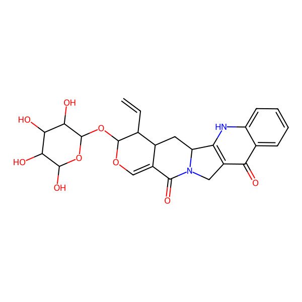 2D Structure of (1S,18S,19S,20S)-19-ethenyl-18-[(2S,3R,4S,5S,6S)-3,4,5,6-tetrahydroxyoxan-2-yl]oxy-17-oxa-3,13-diazapentacyclo[11.8.0.02,11.04,9.015,20]henicosa-2(11),4,6,8,15-pentaene-10,14-dione