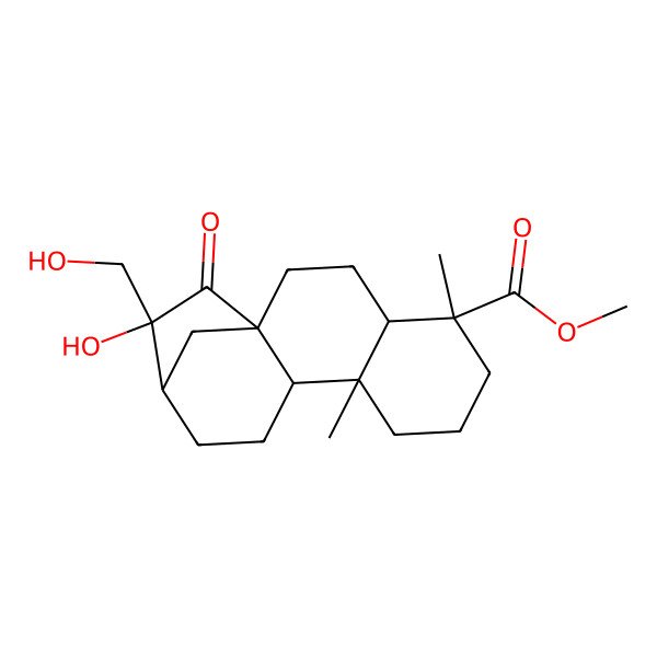 2D Structure of methyl (1R,4S,5R,9S,10S,13R,14R)-14-hydroxy-14-(hydroxymethyl)-5,9-dimethyl-15-oxotetracyclo[11.2.1.01,10.04,9]hexadecane-5-carboxylate
