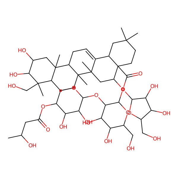 2D Structure of [(2S,3S,4S,5R)-3,4-dihydroxy-5-(hydroxymethyl)oxolan-2-yl] (4aR,5R,6aR,6aS,6bR,8aR,9R,10R,11S,12aR,14bS)-5-[(2R,3R,4S,5S,6R)-3-[(2S,3S,4S,5R)-3,4-dihydroxy-5-(3-hydroxybutanoyloxy)oxan-2-yl]oxy-4,5-dihydroxy-6-(hydroxymethyl)oxan-2-yl]oxy-10,11-dihydroxy-9-(hydroxymethyl)-2,2,6a,6b,9,12a-hexamethyl-1,3,4,5,6,6a,7,8,8a,10,11,12,13,14b-tetradecahydropicene-4a-carboxylate