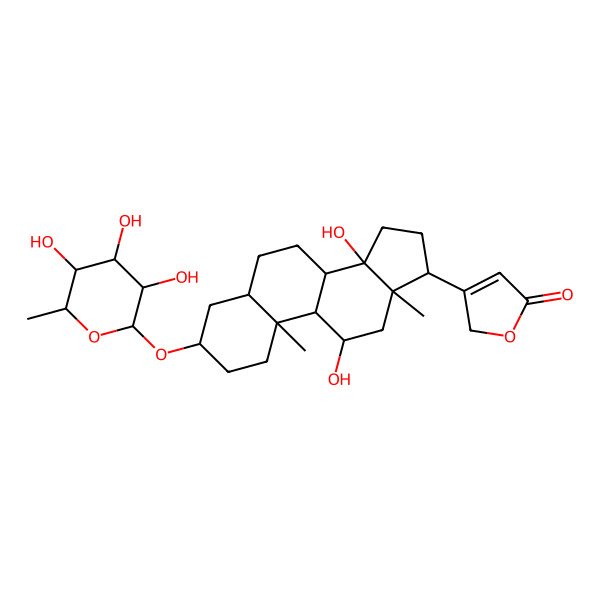 2D Structure of 3-[(3S,5S,8R,9S,10S,11R,13R,14S,17R)-11,14-dihydroxy-10,13-dimethyl-3-[(2R,3R,4R,5R,6S)-3,4,5-trihydroxy-6-methyloxan-2-yl]oxy-1,2,3,4,5,6,7,8,9,11,12,15,16,17-tetradecahydrocyclopenta[a]phenanthren-17-yl]-2H-furan-5-one