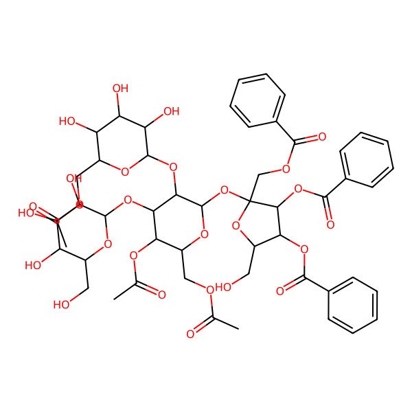 2D Structure of [(2S,3S,4R,5R)-2-[(2R,3R,4S,5R,6R)-5-acetyloxy-6-(acetyloxymethyl)-3-[(2S,3R,4S,5S,6R)-6-(acetyloxymethyl)-3,4,5-trihydroxyoxan-2-yl]oxy-4-[(2S,3R,4S,5S,6R)-3,4,5-trihydroxy-6-(hydroxymethyl)oxan-2-yl]oxyoxan-2-yl]oxy-3,4-dibenzoyloxy-5-(hydroxymethyl)oxolan-2-yl]methyl benzoate