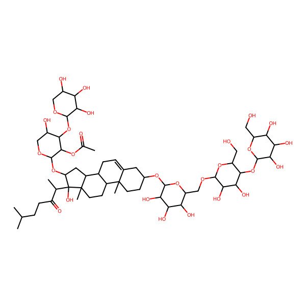 2D Structure of [(2S,3R,4S,5S)-2-[[(3S,8R,9S,10R,13S,14S,16S,17S)-3-[(2R,3R,4S,5S,6R)-6-[[(2R,3R,4R,5S,6R)-3,4-dihydroxy-6-(hydroxymethyl)-5-[(2S,3R,4S,5S,6R)-3,4,5-trihydroxy-6-(hydroxymethyl)oxan-2-yl]oxyoxan-2-yl]oxymethyl]-3,4,5-trihydroxyoxan-2-yl]oxy-17-hydroxy-10,13-dimethyl-17-[(2S)-6-methyl-3-oxoheptan-2-yl]-1,2,3,4,7,8,9,11,12,14,15,16-dodecahydrocyclopenta[a]phenanthren-16-yl]oxy]-5-hydroxy-4-[(2S,3R,4S,5R)-3,4,5-trihydroxyoxan-2-yl]oxyoxan-3-yl] acetate