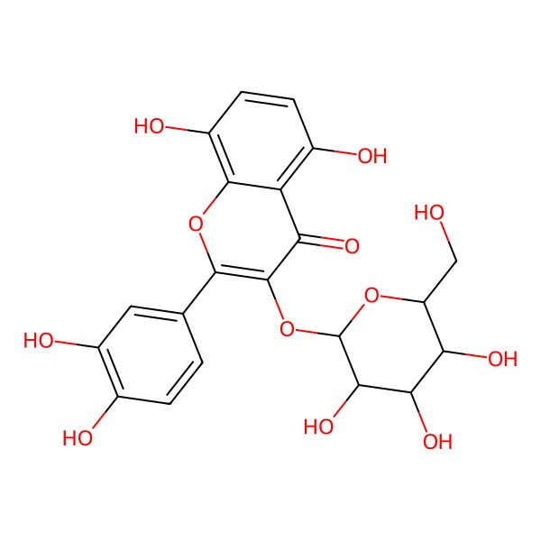 2D Structure of 2-(3,4-dihydroxyphenyl)-5,8-dihydroxy-3-[(2S,3R,4S,5S,6R)-3,4,5-trihydroxy-6-(hydroxymethyl)oxan-2-yl]oxychromen-4-one