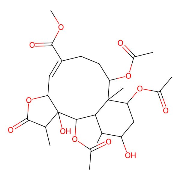 2D Structure of methyl (1S,2R,3S,4R,7S,8E,12R,13S,14S,16S,17R)-2,12,14-triacetyloxy-3,16-dihydroxy-4,13,17-trimethyl-5-oxo-6-oxatricyclo[11.4.0.03,7]heptadec-8-ene-9-carboxylate