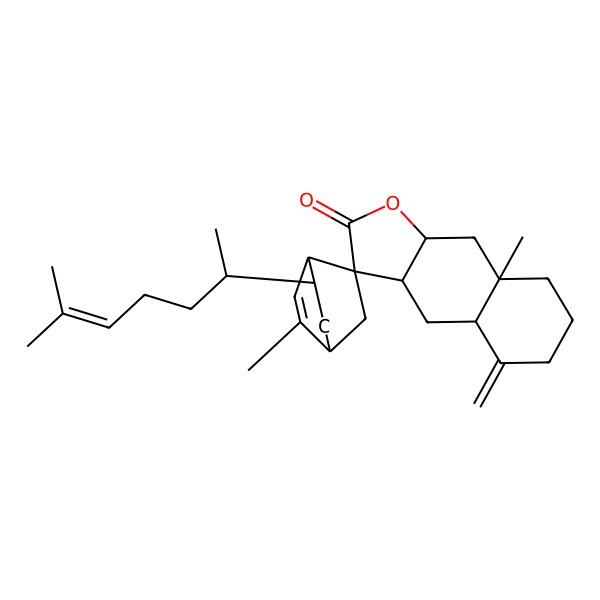 2D Structure of (1'R,3S,3aR,4'R,4aR,8'S,8aR,9aR)-2',8a-dimethyl-8'-[(2S)-6-methylhept-5-en-2-yl]-5-methylidenespiro[3a,4,4a,6,7,8,9,9a-octahydrobenzo[f][1]benzofuran-3,5'-bicyclo[2.2.2]oct-2-ene]-2-one