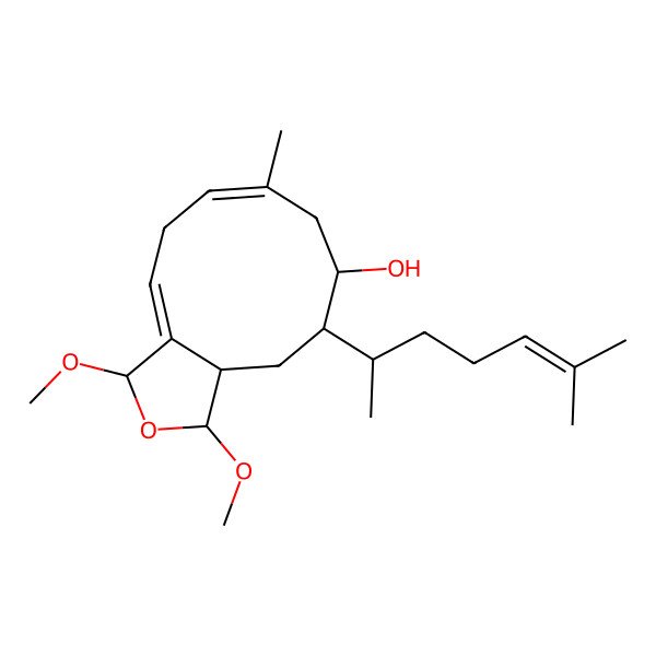 2D Structure of 1,3-Dimethoxy-7-methyl-10-(6-methylhept-5-en-2-yl)-1,3,5,8,9,10,11,11a-octahydrocyclodeca[c]furan-9-ol
