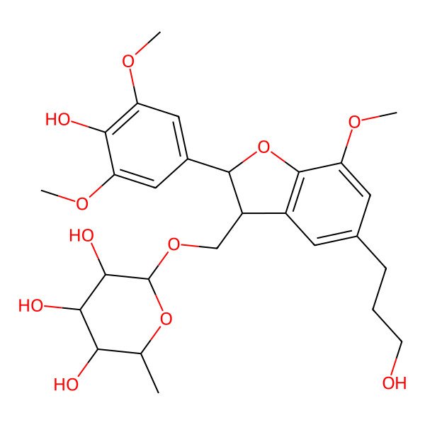 2D Structure of (2R,3R,4R,5R,6S)-2-[[(2R,3S)-2-(4-hydroxy-3,5-dimethoxyphenyl)-5-(3-hydroxypropyl)-7-methoxy-2,3-dihydro-1-benzofuran-3-yl]methoxy]-6-methyloxane-3,4,5-triol