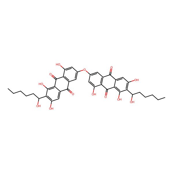2D Structure of 6,6'-oxybis(1,3,8-trihydroxy-2-((S)-1-hydroxyhexyl)anthracene-9,10-dione)
