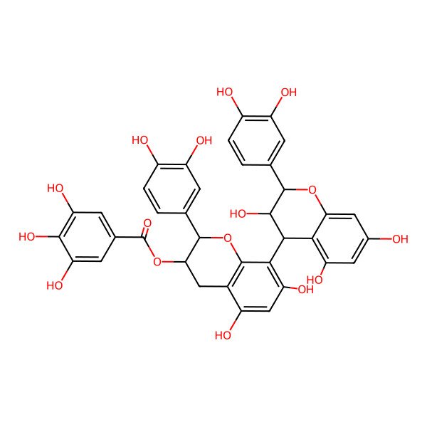 2D Structure of [(2S,3S)-2-(3,4-dihydroxyphenyl)-8-[(2S,3S,4S)-2-(3,4-dihydroxyphenyl)-3,5,7-trihydroxy-3,4-dihydro-2H-chromen-4-yl]-5,7-dihydroxy-3,4-dihydro-2H-chromen-3-yl] 3,4,5-trihydroxybenzoate