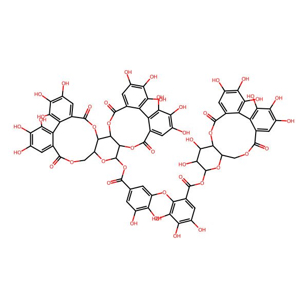 2D Structure of (3,4,5,11,12,21,22,23-Octahydroxy-8,18-dioxo-9,14,17-trioxatetracyclo[17.4.0.02,7.010,15]tricosa-1(23),2,4,6,19,21-hexaen-13-yl) 2-[5-[(7,8,9,12,13,14,28,29,30,33,34,35-dodecahydroxy-4,17,25,38-tetraoxo-3,18,21,24,39-pentaoxaheptacyclo[20.17.0.02,19.05,10.011,16.026,31.032,37]nonatriaconta-5,7,9,11,13,15,26,28,30,32,34,36-dodecaen-20-yl)oxycarbonyl]-2,3-dihydroxyphenoxy]-3,4,5-trihydroxybenzoate