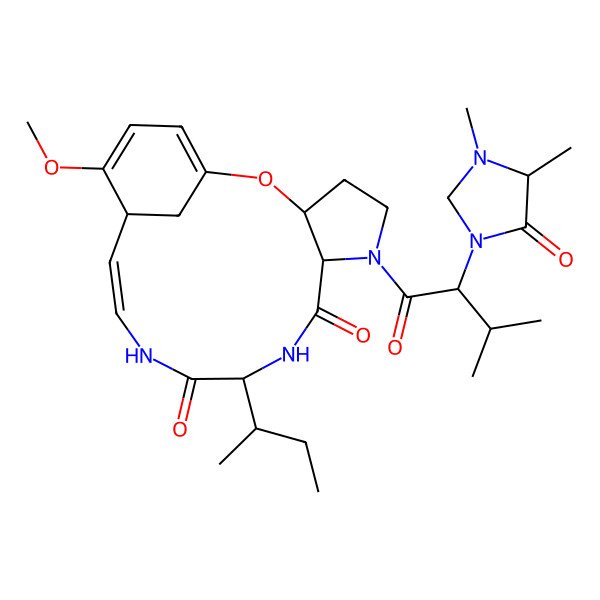 2D Structure of (13Z)-10-butan-2-yl-6-[2-(3,4-dimethyl-5-oxoimidazolidin-1-yl)-3-methylbutanoyl]-16-methoxy-2-oxa-6,9,12-triazatricyclo[13.3.1.03,7]nonadeca-1(18),13,16-triene-8,11-dione