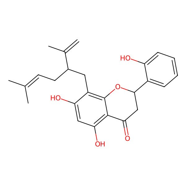 2D Structure of (2R)-5,7-dihydroxy-2-(2-hydroxyphenyl)-8-[(2S)-5-methyl-2-prop-1-en-2-ylhex-4-enyl]-2,3-dihydrochromen-4-one