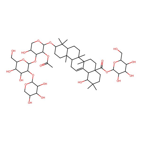 2D Structure of [3,4,5-Trihydroxy-6-(hydroxymethyl)oxan-2-yl] 10-[3-acetyloxy-4-[4,5-dihydroxy-6-(hydroxymethyl)-3-(3,4,5-trihydroxyoxan-2-yl)oxyoxan-2-yl]oxy-5-hydroxyoxan-2-yl]oxy-1-hydroxy-2,2,6a,6b,9,9,12a-heptamethyl-1,3,4,5,6,6a,7,8,8a,10,11,12,13,14b-tetradecahydropicene-4a-carboxylate