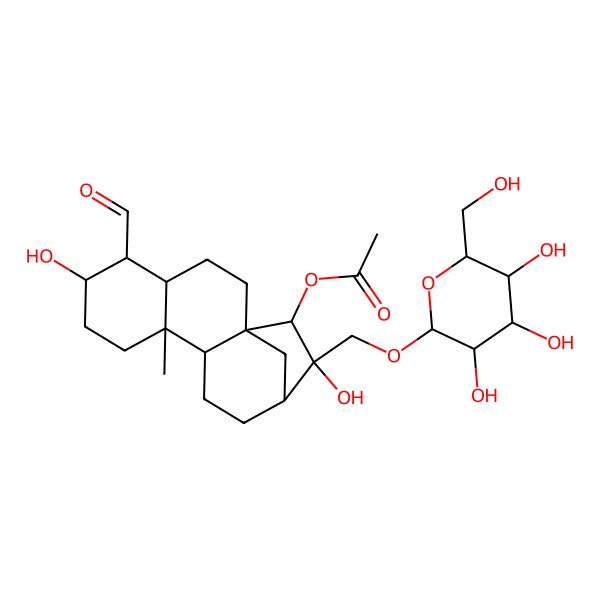 2D Structure of [(1R,4R,5R,6R,9R,10S,13R,14R,15R)-5-formyl-6,14-dihydroxy-9-methyl-14-[[(2R,3R,4S,5S,6R)-3,4,5-trihydroxy-6-(hydroxymethyl)oxan-2-yl]oxymethyl]-15-tetracyclo[11.2.1.01,10.04,9]hexadecanyl] acetate