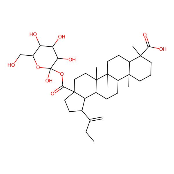 2D Structure of (1R,3aS,5aR,5bR,7aR,8R,11aR,11bR,13aR,13bR)-1-but-1-en-2-yl-5a,5b,8,11a-tetramethyl-3a-[(2R,3S,5S)-2,3,4,5-tetrahydroxy-6-(hydroxymethyl)oxan-2-yl]oxycarbonyl-1,2,3,4,5,6,7,7a,9,10,11,11b,12,13,13a,13b-hexadecahydrocyclopenta[a]chrysene-8-carboxylic acid