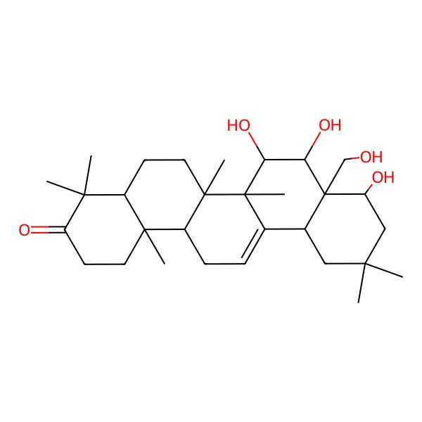2D Structure of (4aR,6aR,6bS,7R,8S,8aS,9S,12aS,14aR,14bR)-7,8,9-trihydroxy-8a-(hydroxymethyl)-4,4,6a,6b,11,11,14b-heptamethyl-2,4a,5,6,7,8,9,10,12,12a,14,14a-dodecahydro-1H-picen-3-one 2D Structure of (4aR,6aR,6bS,7R,8S,8aS,9S,12aS,14aR,14bR)-7,8,9-trihydroxy-8a-(hydroxymethyl)-4,4,6a,6b,11,11,14b-heptamethyl-2,4a,5,6,7,8,9,10,12,12a,14,14a-dodecahydro-1H-picen-3-one